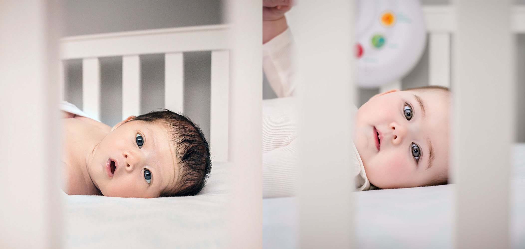 comparing a baby's growth by showing a similar photo taken 6 months apart in the crib