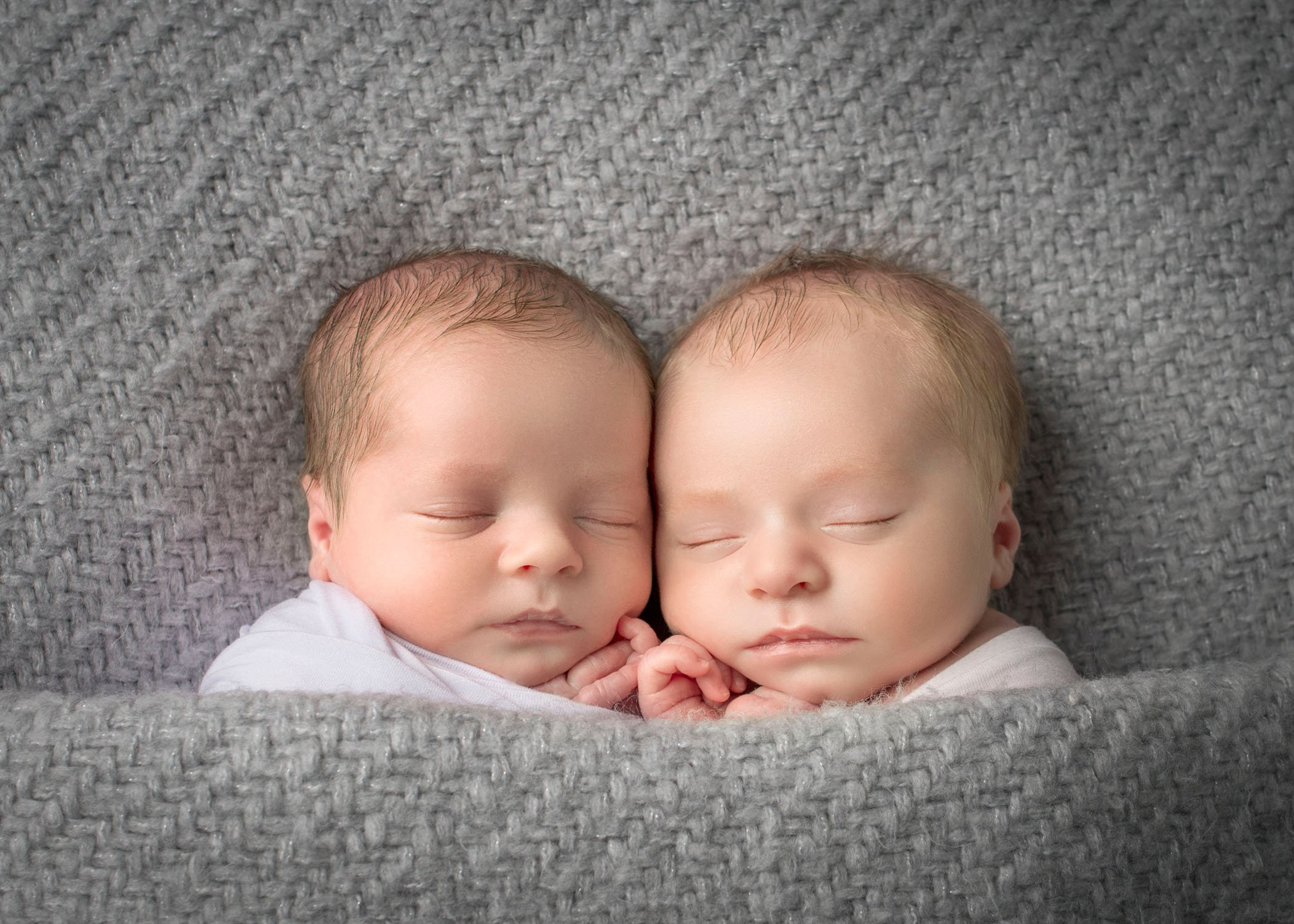 twin newborns sleeping under a blanket